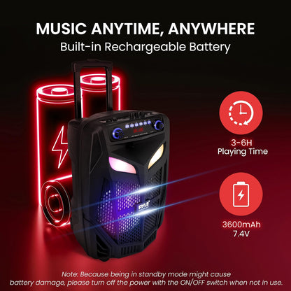 Portable Bluetooth PA Speaker System - 600W 10” Outdoor BT Speaker - Includes 2 Wireless Microphones, Party Lights, USB SD Card Reader, FM Radio, Rolling Wheels - Remote Control - Pyle PPHP101WMB
