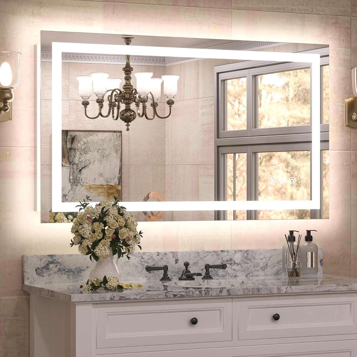 TETOTE LED Bathroom Mirror 20x28 Frontlit & Backlit Lighted Vanity Mirror Anti Fog Stepless Dimmable 3 Colors White/Warm/Natural,Double Lights,Wall-Mounted(Horizontal/Vertical) - PuriLite