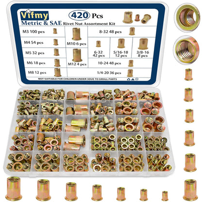 Vifmy Metric & SAE Rivet Nut Assortment Kit(420 Pcs),m3 m4 m5 m6 m8 m10 m12#6-32#8-32#10-24 1/4"-20 5/16"-18 3/8"-16 UNC Flat Head Rivnut Set,Zinc Plated Finish Carbon Steel Nutsert - PuriLite
