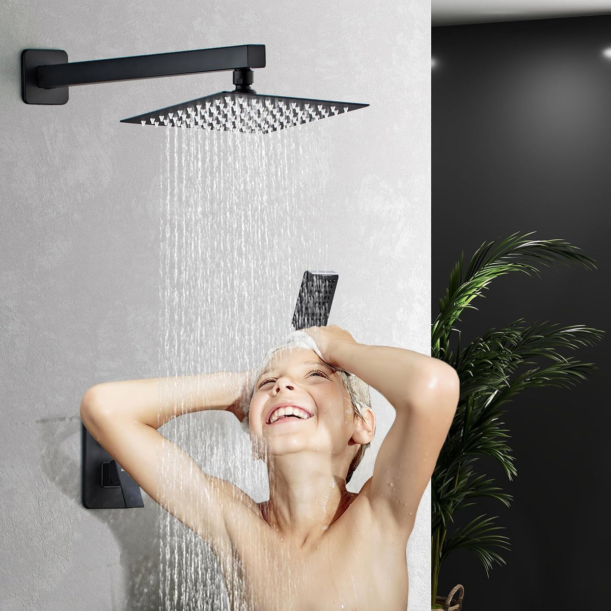 LCEVCGK Shower Faucet Set Complete Matte Black Shower System with 8 inch Square Rainfall Shower Head 3-Function Handheld Shower Waterfall Bathtub Spout Rain Shower Combo Set Bathroom Wall Mounted - PuriLite