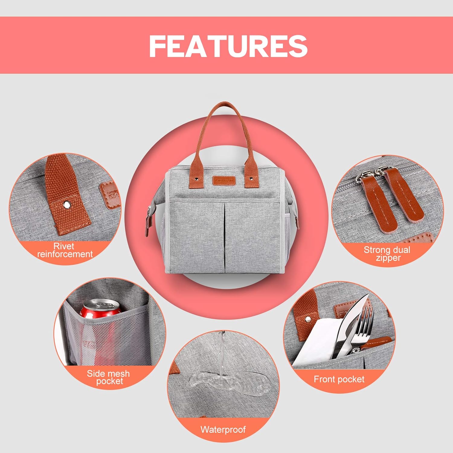 Lunch Bag for Women & Men, Insulated Lunch Box Cooler Tote Bags, Adult Reusable Lunch Boxes with Water Resistant for Work, Travel and Picnic (Grey) - PuriLite