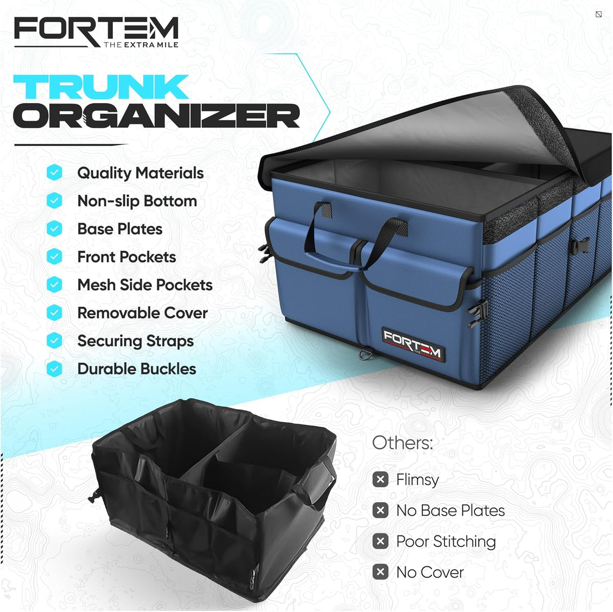FORTEM Car Trunk Organizer, Collapsible Multi Compartment Car Organizer, Foldable SUV Storage for Car Accessories for Women Men, Non Slip Bottom, Securing Straps, Soft Cover 50L (Black, Standard) - PuriLite