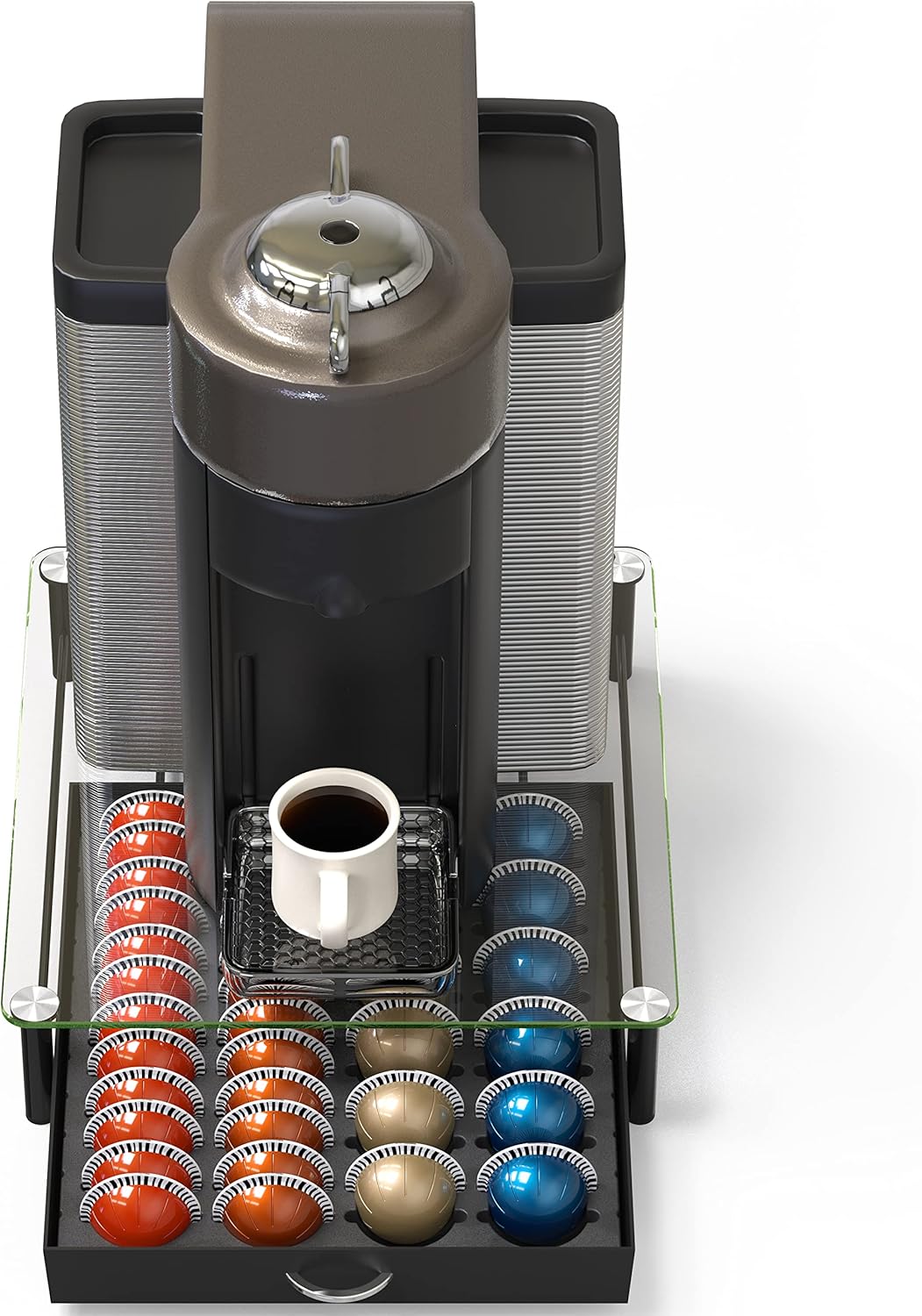 DecoBrothers Vertuo Pod Holder VertuoLine Drawer Storage for Nespresso Coffee Capsules, Crystal Tempered Glass, White - PuriLite