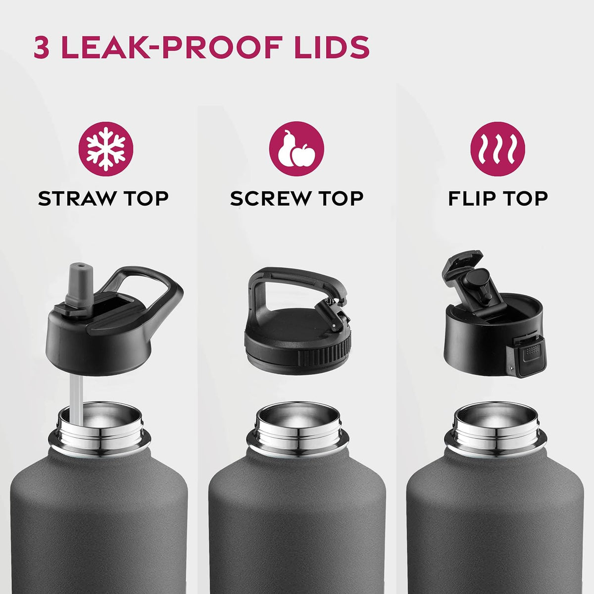FineDine Water Bottle - Stainless Steel Insulated Water Bottle with Straw Lid, Flip Lid & Wide-Mouth Cap - Keeps Hot and Cold - 25 Oz / 739ml - Pure Pearly White - PuriLite