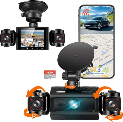 3 Channel Dash Cam WiFi FHD 2K Car Camera with 64GB Card, WIZACE 270° Front Dash Camera Front and Inside Left Right for Cars, Mini Dashcams with Night Vision,Loop Recording,WDR,G-Sensor, APP - PuriLite