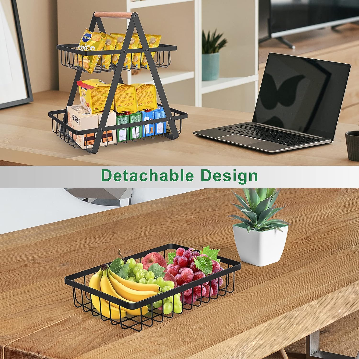 2 Tier Countertop Fruit Basket,Portable Fruit Bowle Basket for Kitchen Organizer Storage & Dining Room Fruits Vegetable Bread Snacks,MAHUEEOL Detachable Metal Rectangle Basket Storage - PuriLite