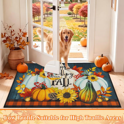HEBE Fall Kitchen Rugs Set of 3, Washable Pumpkin Kitchen Mats for Floor Non Slip Buffalo Plaid Autumn Kitchen Runner Rug and Carpet Set, Low Profile Sunflower Floor Mats for Thanksgiving Décor