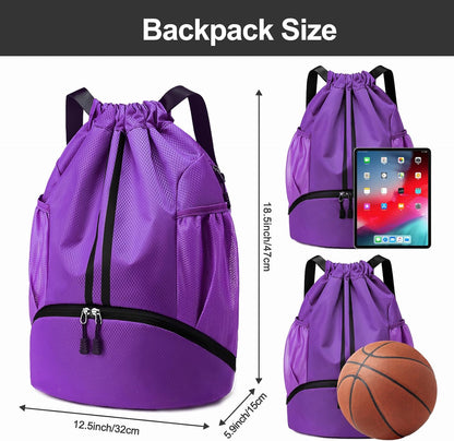 Hoedia Sports Drawstring Backpack - String Swim Gym Bag with Shoes Compartment and Wet Proof Pocket for Women/Men - PuriLite