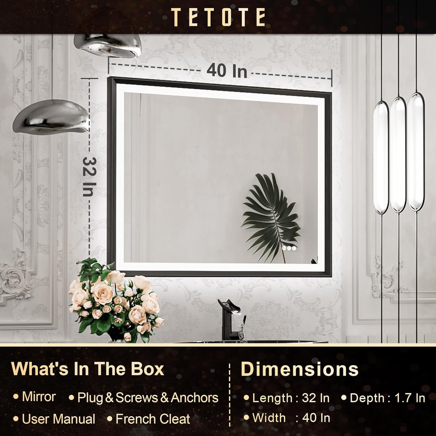 TETOTE 28x36 LED Mirror for Bathroom Black Metal Frame Frontlit & Backlit Lighted Vanity Mirror Baroque Gothic Anti Fog Stepless Dimmable White/Warm/Natural,Wall Mounted(Horizontal/Vertical) - PuriLite