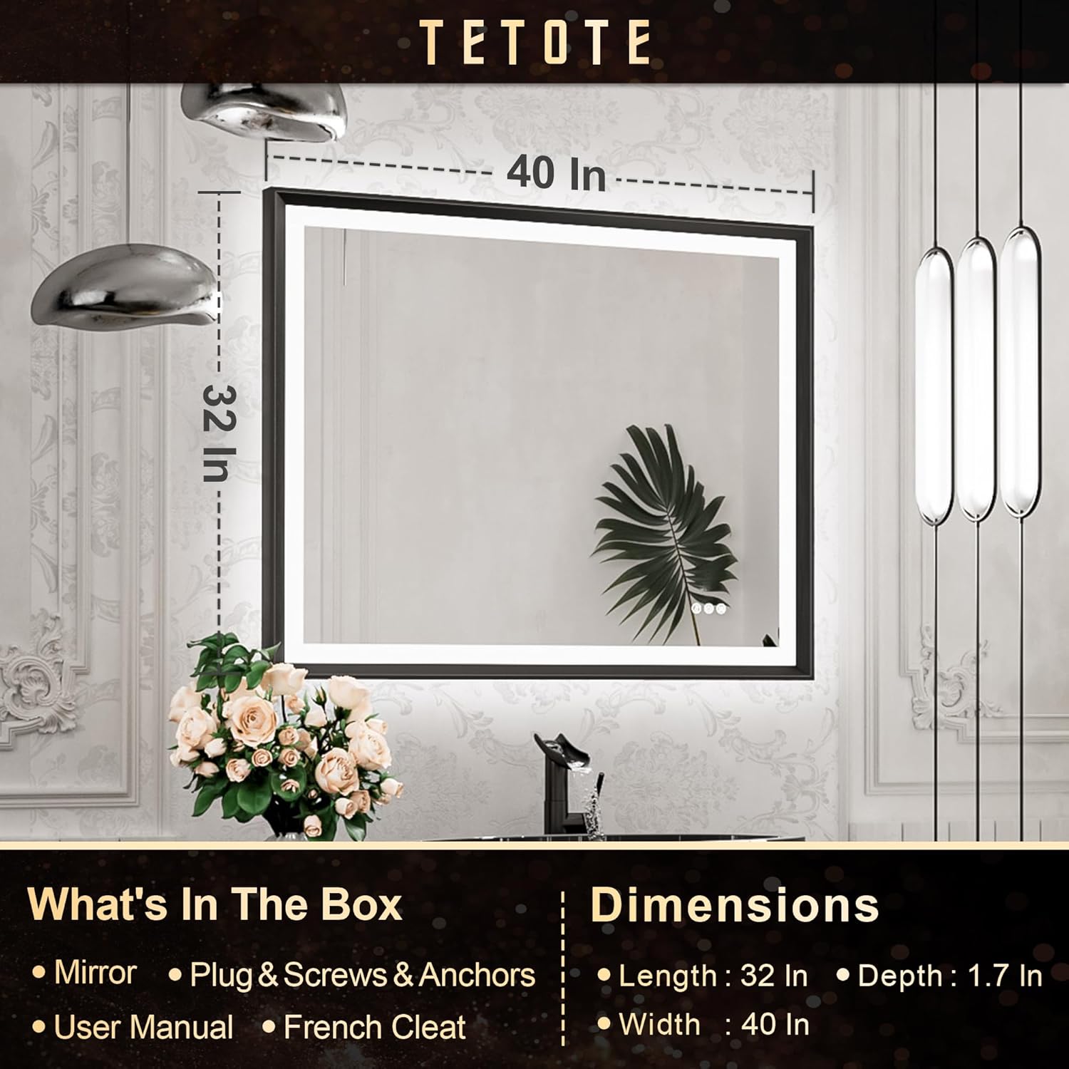 TETOTE 28x36 LED Mirror for Bathroom Black Metal Frame Frontlit & Backlit Lighted Vanity Mirror Baroque Gothic Anti Fog Stepless Dimmable White/Warm/Natural,Wall Mounted(Horizontal/Vertical) - PuriLite
