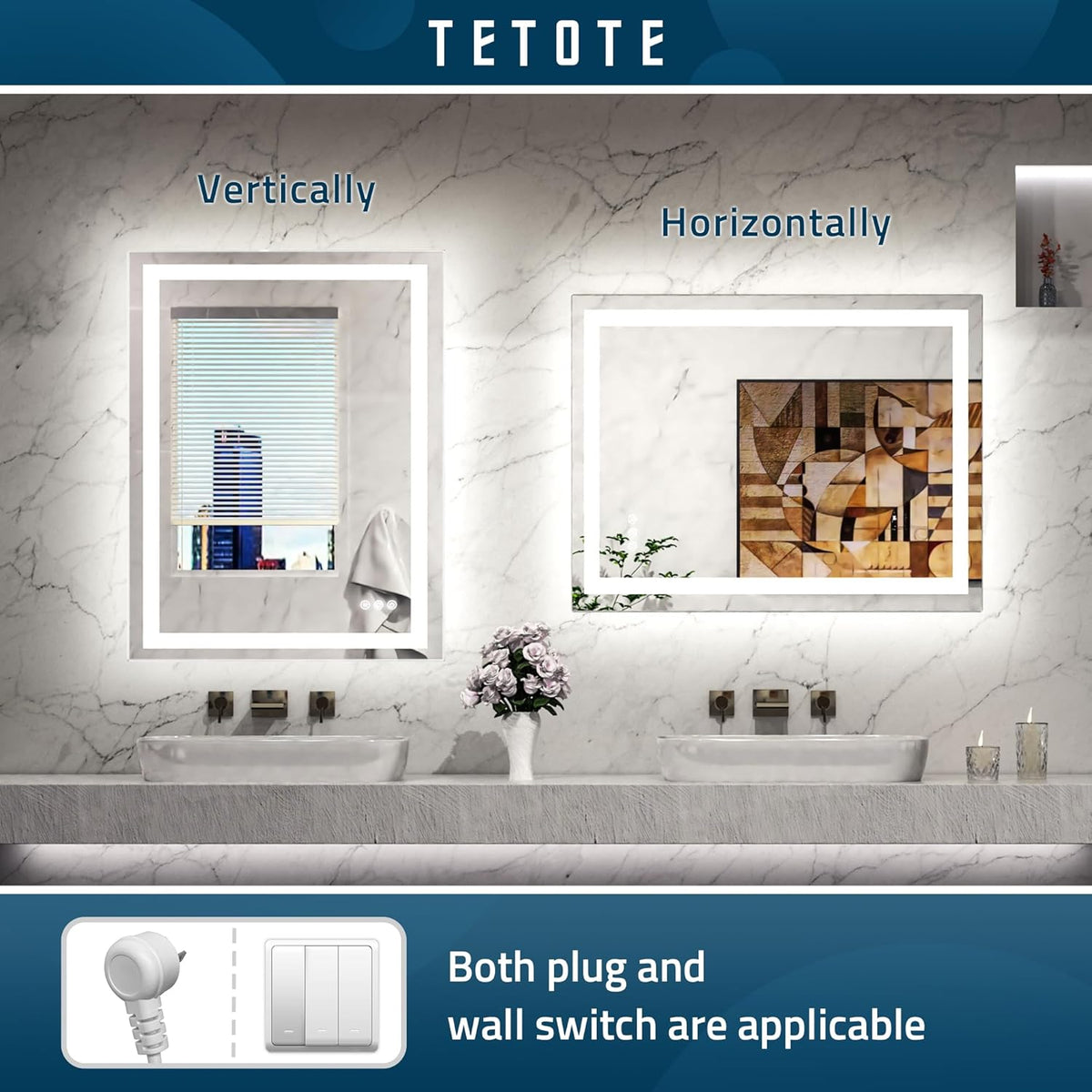 TETOTE LED Bathroom Mirror 20x28 Frontlit & Backlit Lighted Vanity Mirror Anti Fog Stepless Dimmable 3 Colors White/Warm/Natural,Double Lights,Wall-Mounted(Horizontal/Vertical) - PuriLite