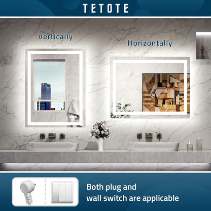 TETOTE LED Bathroom Mirror 20x28 Frontlit & Backlit Lighted Vanity Mirror Anti Fog Stepless Dimmable 3 Colors White/Warm/Natural,Double Lights,Wall-Mounted(Horizontal/Vertical) - PuriLite