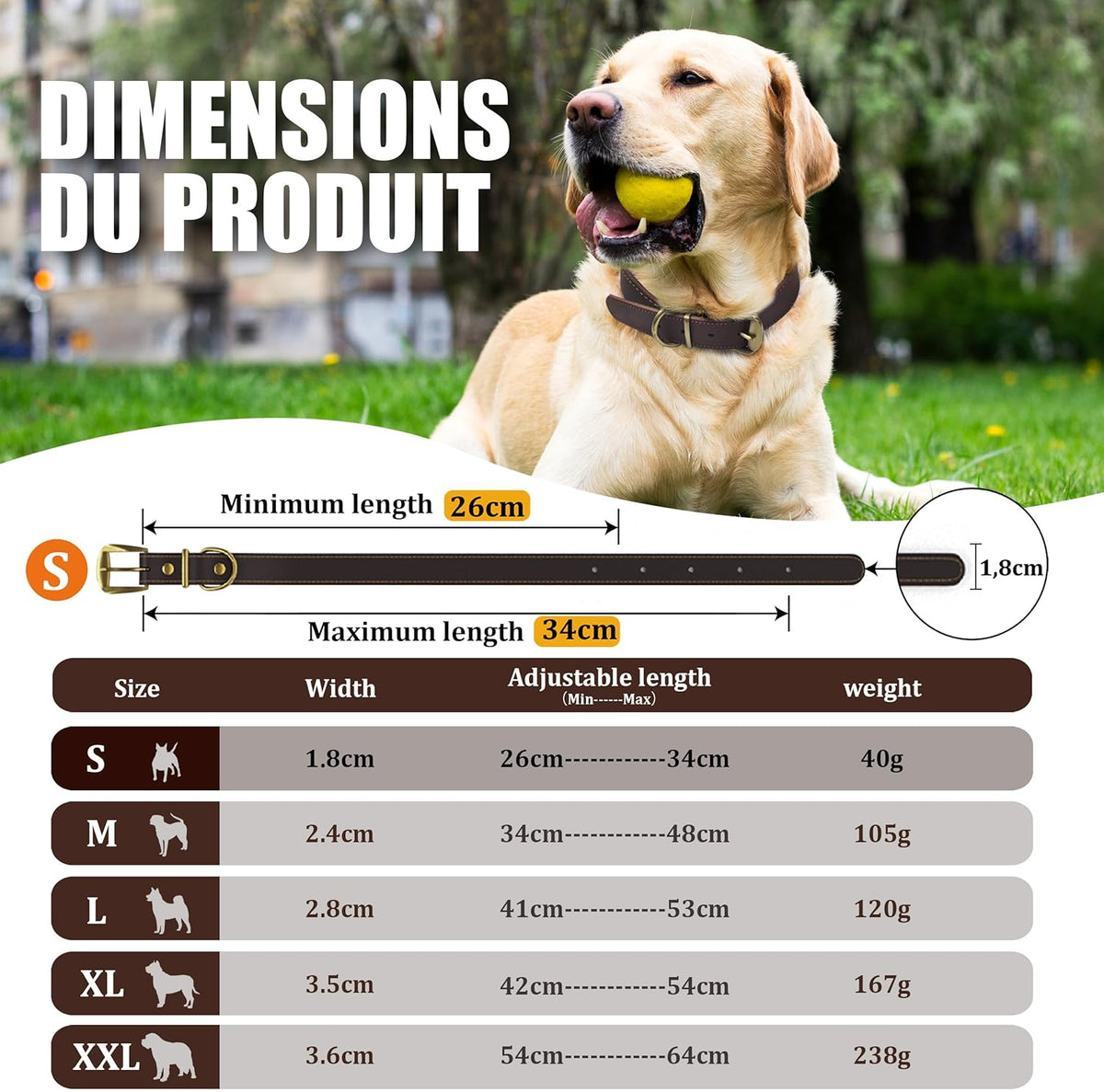 QRDA Leather Dog Collar Brown Dog Training Collar Heavy Duty Premium Leather Dog Collar Dog Collars for Medium/Large Dogs - PuriLite