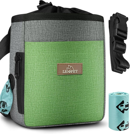 LIOOPET Dog Treat Pouch - Fashionable Green&Grey Design - Large Capacity Dog Treat Bag for Dog Walks, Outdoor Activities, Travel and Training - Includes 1 Poop Bags - PuriLite