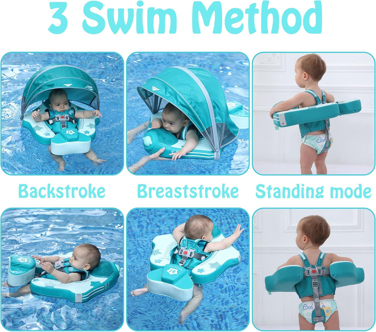 Mambobaby Baby Swim Float with Canopy, Non-Inflatable Solid Baby Float, Upgrade Soft Skin-Friendly Material Infant Swim Float - PuriLite