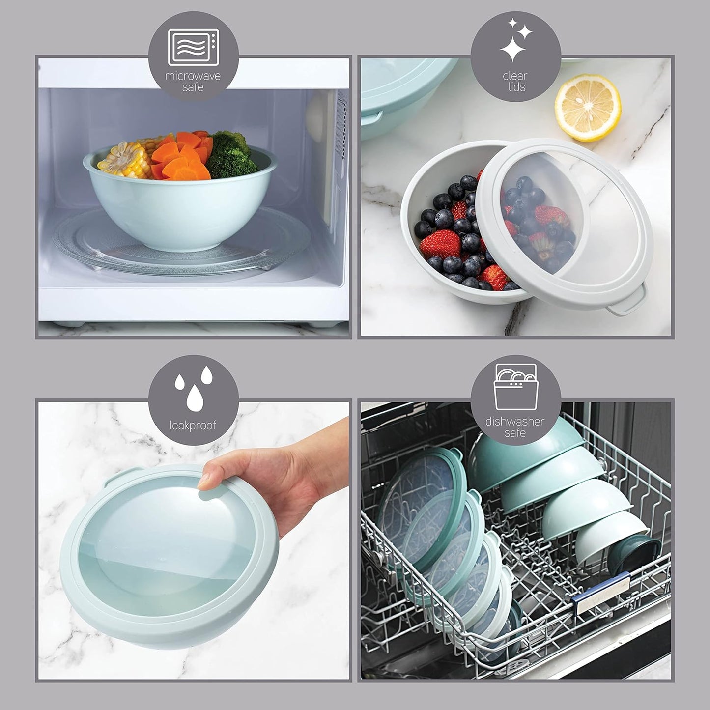 COOK WITH COLOR Mixing Bowls with TPR Lids - 12 Piece Plastic Nesting Bowls Set Includes 6 Prep Bowls and 6 Lids, Microwave Safe Mixing Bowl Set (Mint) - PuriLite
