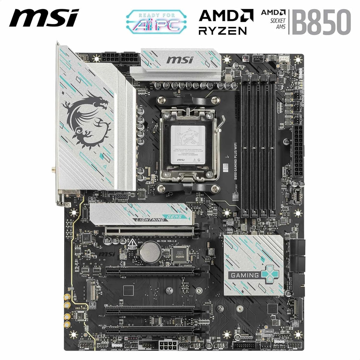 MSI B850 Gaming Plus WiFi Gaming Motherboard (AMD Ryzen 9000/8000/7000 Series Processors, AM5, DDR5, PCIe 4.0, M.2, SATA 6Gb/s, USB 3.2 Gen 2, HDMI/DP, Wi-Fi 6E, Bluetooth 5.3, 2.5Gbps LAN, ATX) - PuriLite