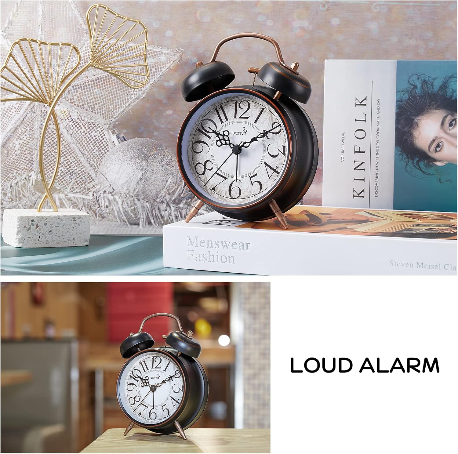 FLOITTUY Loud Alarm for Deep Sleepers 4'' Retro Twin Bell Alarm Clock with Backlight for Bedroom and Home Decoration(Retro White) - PuriLite