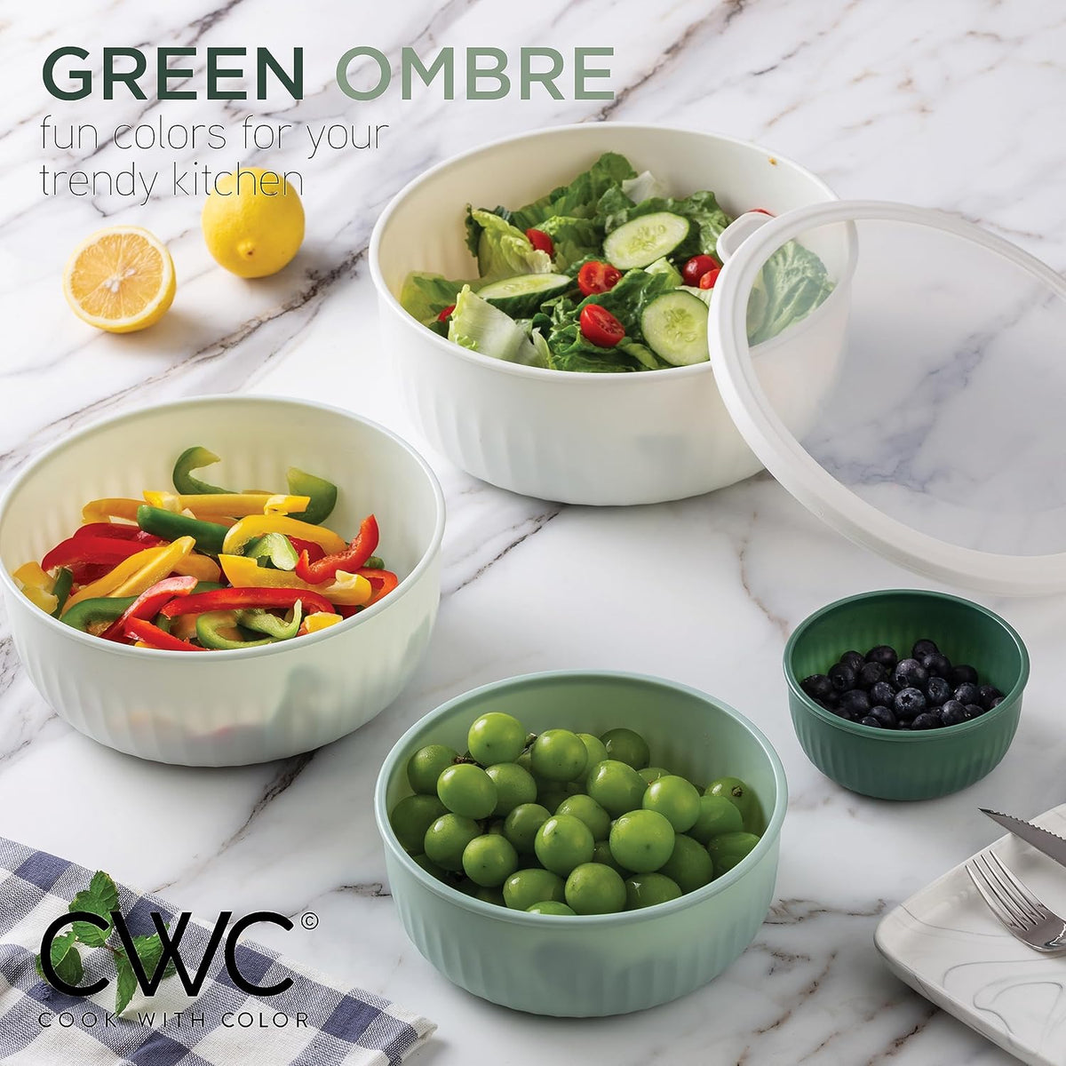 COOK WITH COLOR Prep Bowls with Lids- 8 Piece Nesting Plastic Small Mixing Bowl Set with Lids (Teal Ombre) - PuriLite