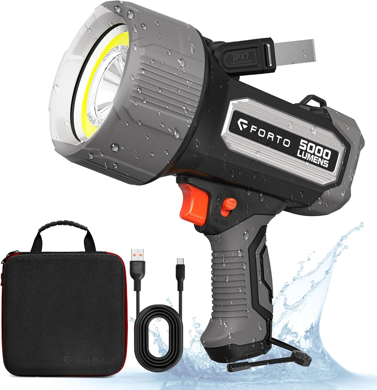 FORTO Rechargeable Spotlight 5000LM, IPX7 Waterproof Flashlight with 5200mAh Long-Lasting Battery, 7 Modes Handheld Light with EVA Case, for Boat, Hunting, Emergency, Outdoor Use - PuriLite