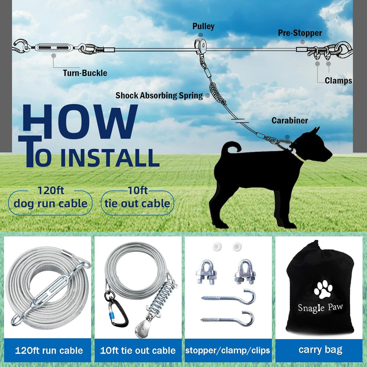 Snagle Paw Dog Tie Out Runner for Yard,Trolley System for Large Dogs,Heavy Duty Dog Run Cable with 10ft Pulley Runner Line for Dogs Up to 125lbs,Yard or Camping,75ft - PuriLite