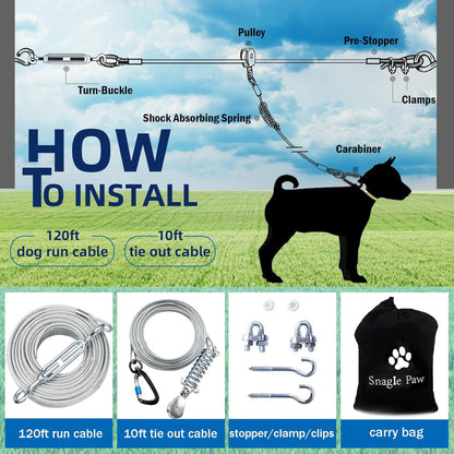 Snagle Paw Dog Tie Out Runner for Yard,Trolley System for Large Dogs,Heavy Duty Dog Run Cable with 10ft Pulley Runner Line for Dogs Up to 125lbs,Yard or Camping,75ft - PuriLite