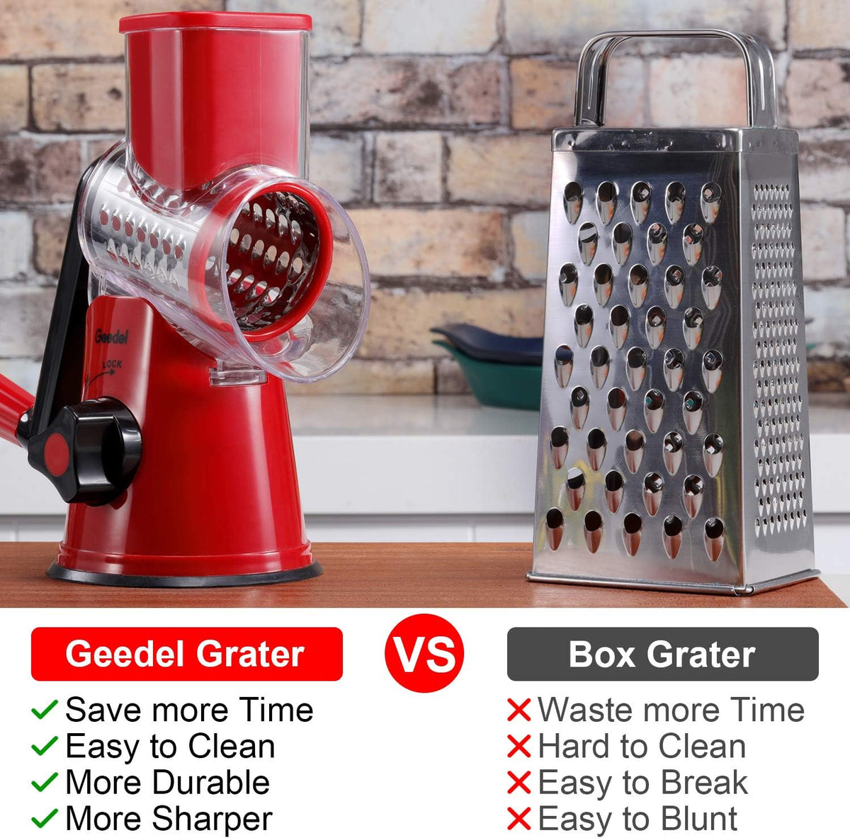 Geedel Kitchen Cheese Grater, Rotary Mandoline Vegetable Slicer with Interchangeable Blades, Easy to Use Rotary Grater Slicer for Fruit, Vegetables, Nuts - PuriLite