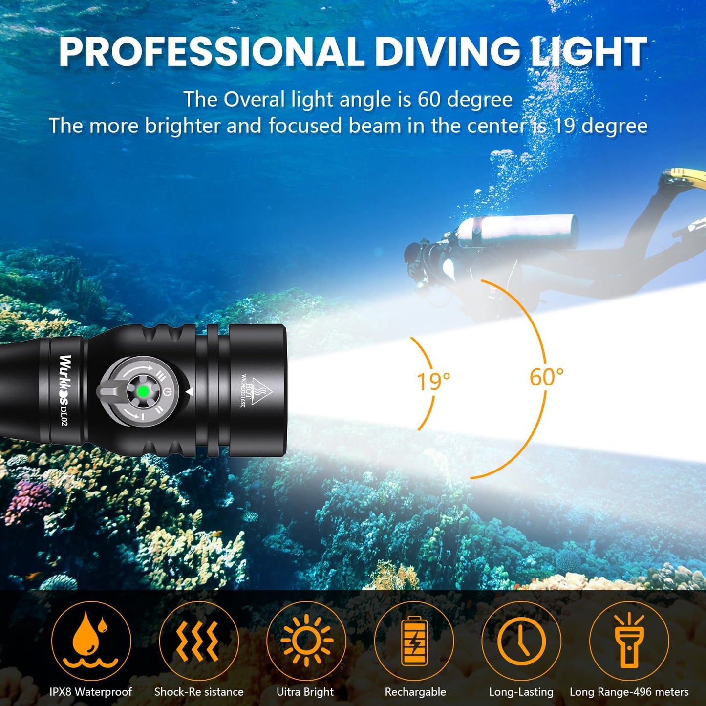 Wurkkos DL02 Scuba Diving Flashlight, Max 3000Lumen, 496M Long Range, 100M Underwater, Power Indicator, 3 Lighting Modes, Submarine Light for Deep Sea Cave - PuriLite