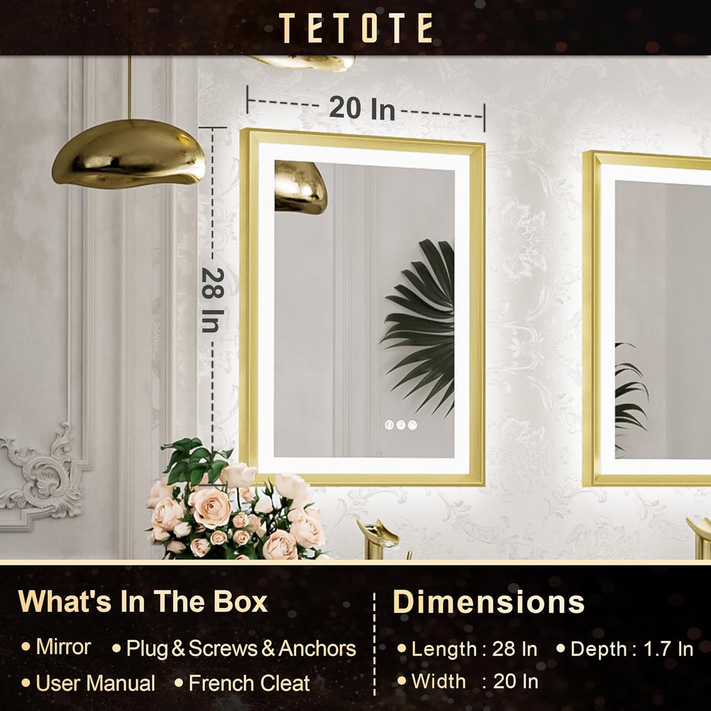 TETOTE 28x36 LED Mirror for Bathroom Black Metal Frame Frontlit & Backlit Lighted Vanity Mirror Baroque Gothic Anti Fog Stepless Dimmable White/Warm/Natural,Wall Mounted(Horizontal/Vertical) - PuriLite