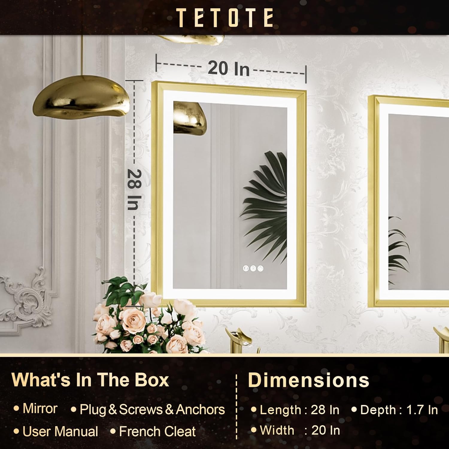 TETOTE 28x36 LED Mirror for Bathroom Black Metal Frame Frontlit & Backlit Lighted Vanity Mirror Baroque Gothic Anti Fog Stepless Dimmable White/Warm/Natural,Wall Mounted(Horizontal/Vertical) - PuriLite