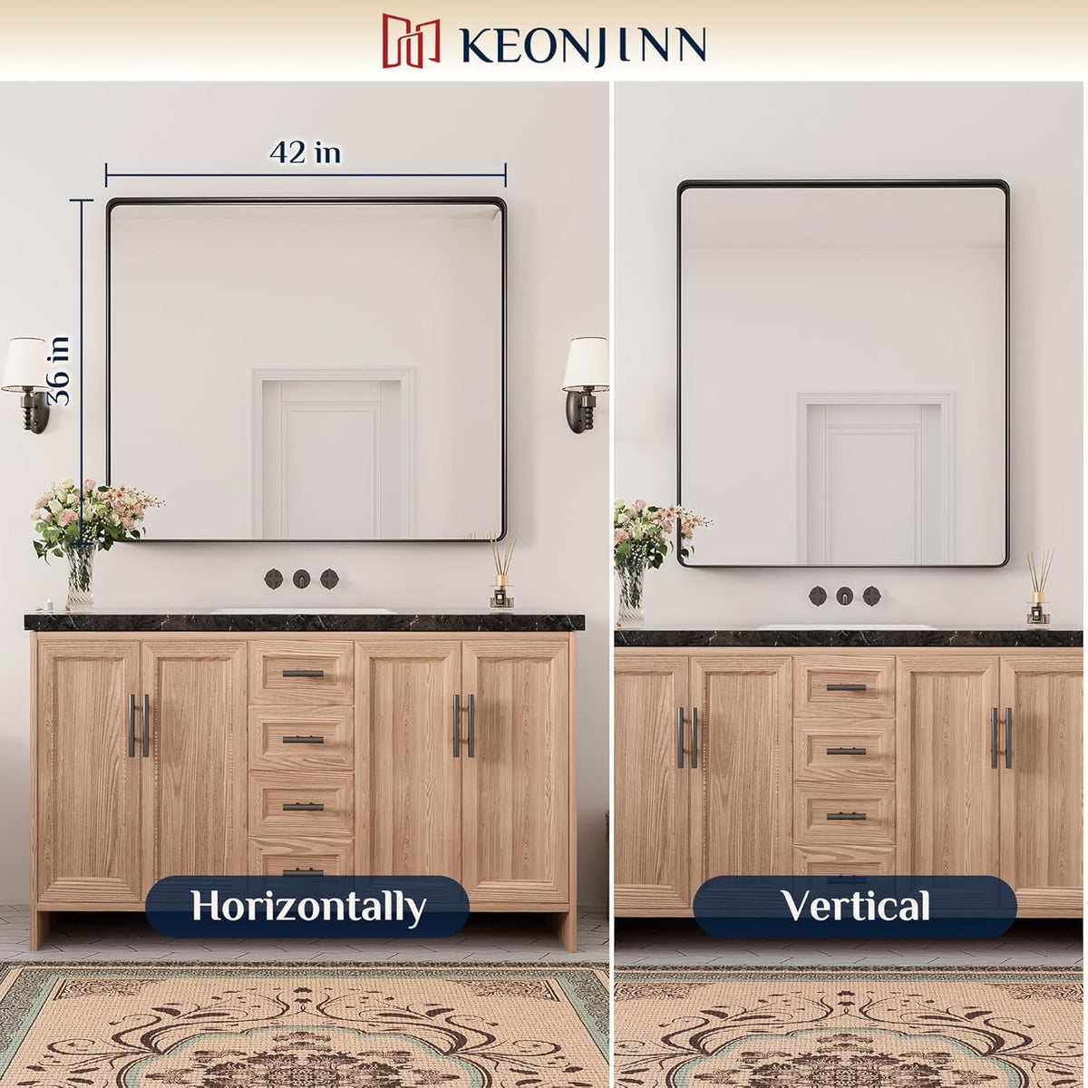 Keonjinn 42 x 36 Brushed Nickel Bathroom Vanity Mirror, Large Rounded Rectangle Bathroom Mirrors for over Sink, Metal Framed Silver Mirror for Wall, Shatterproof HD Tempered Glass(Horizontal/Vertical) - PuriLite