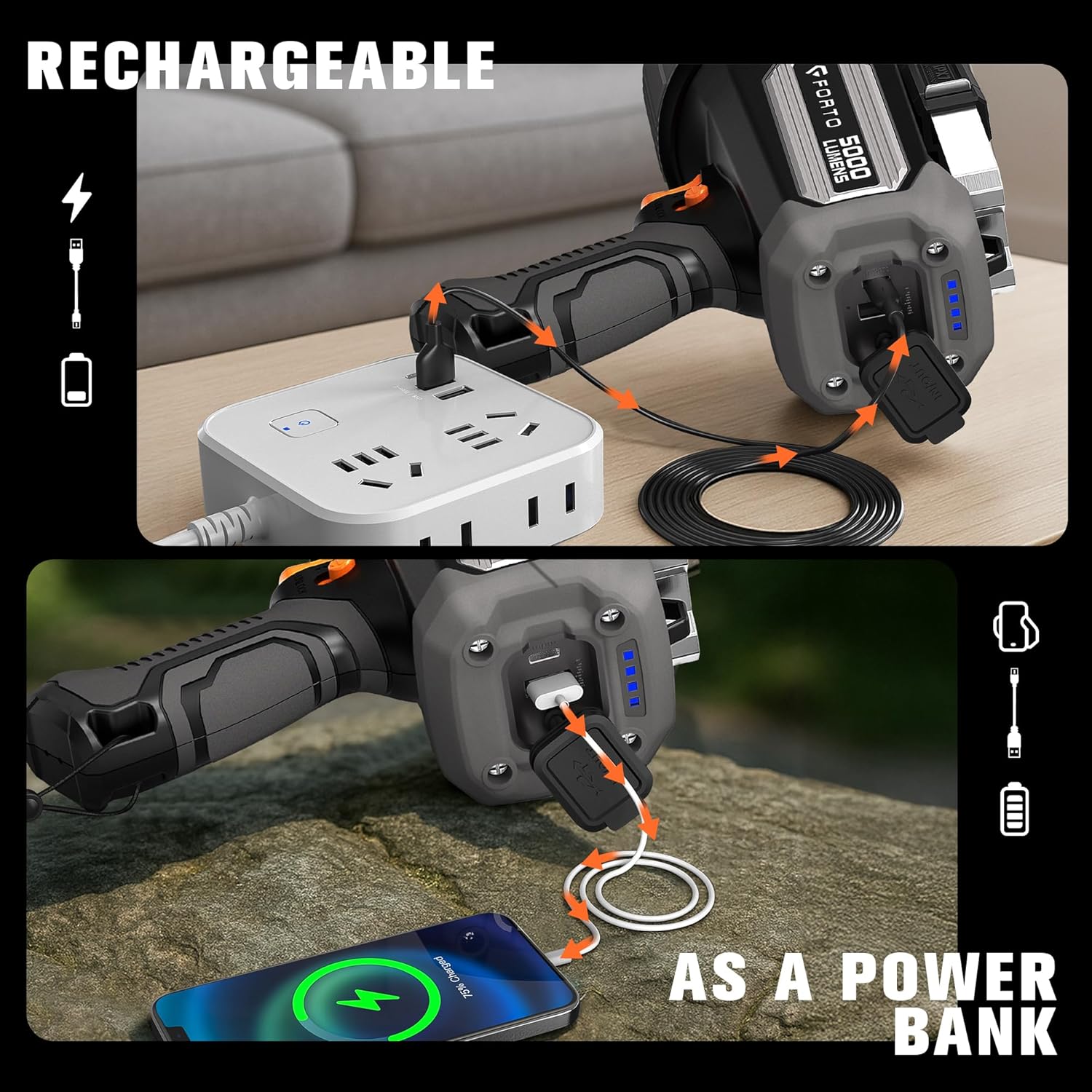 FORTO Rechargeable Spotlight 5000LM, IPX7 Waterproof Flashlight with 5200mAh Long-Lasting Battery, 7 Modes Handheld Light with EVA Case, for Boat, Hunting, Emergency, Outdoor Use - PuriLite