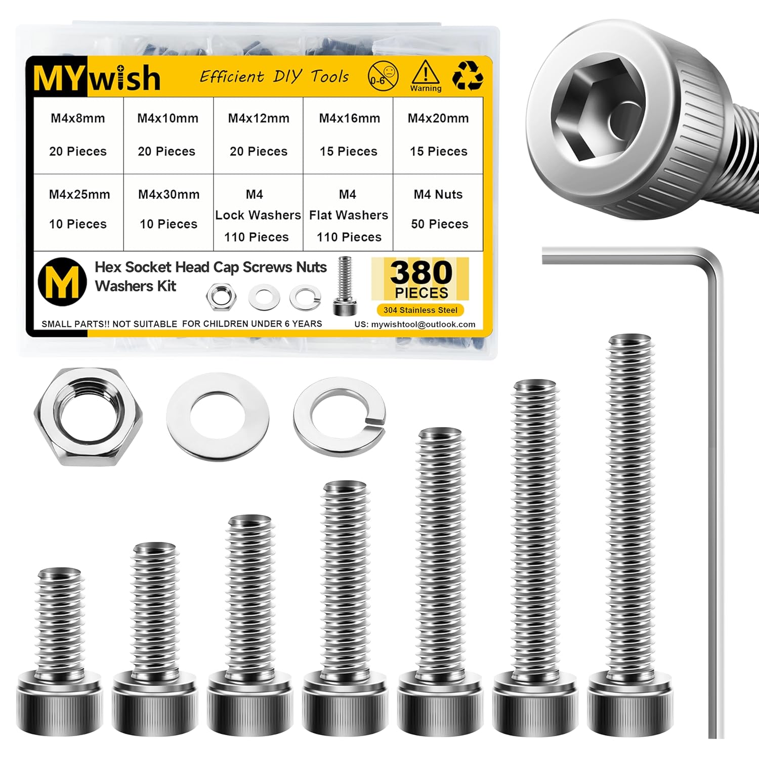 Mywish 900Pcs Metric Screw Assortment, M3 M4 M5 M6 Screw Assortment Kit 304 Stainless Steel Hex Socket Button Head Socket Cap Metric Screws Bolts & Flat Washers/Nuts/Hex Wrenches 16 Sizes 8MM to 20MM - PuriLite
