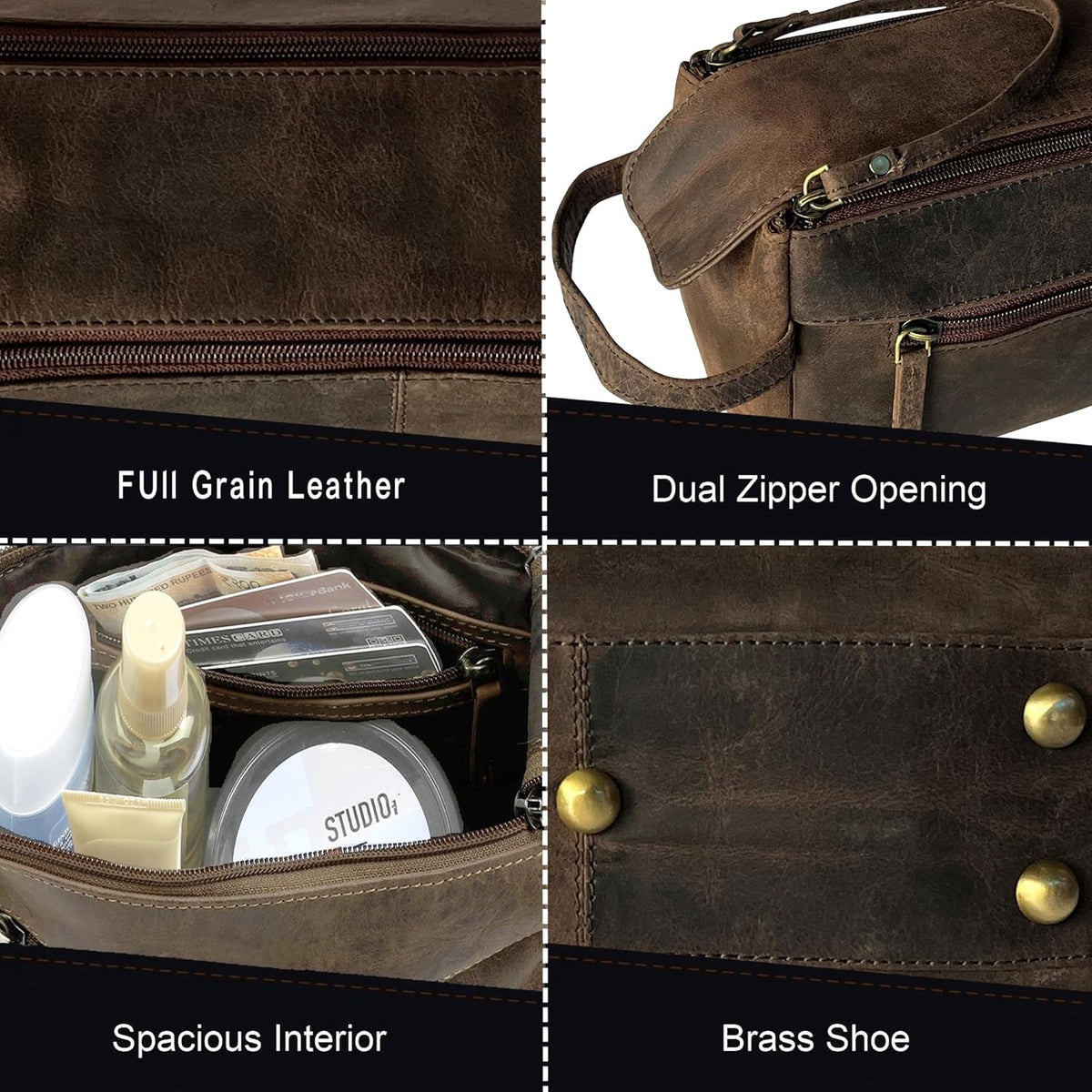 Genuine Leather Travel Toiletry Bag - Hygiene Organizer Dopp Kit by Rustic Town - PuriLite