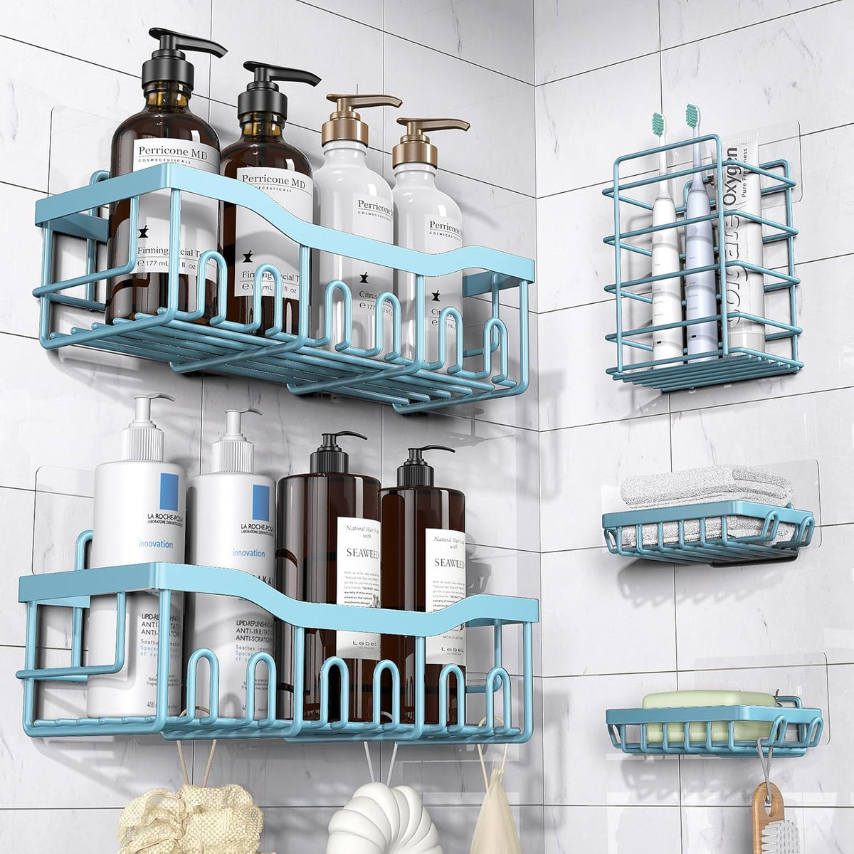 EUDELE 5-Pack Rustproof Stainless Steel Shower Caddy – No Drill Adhesive Bathroom Organizer with Large Capacity, Spacious Shower Shelves for Inside Shower, Kitchen & Home Decor Storage - PuriLite