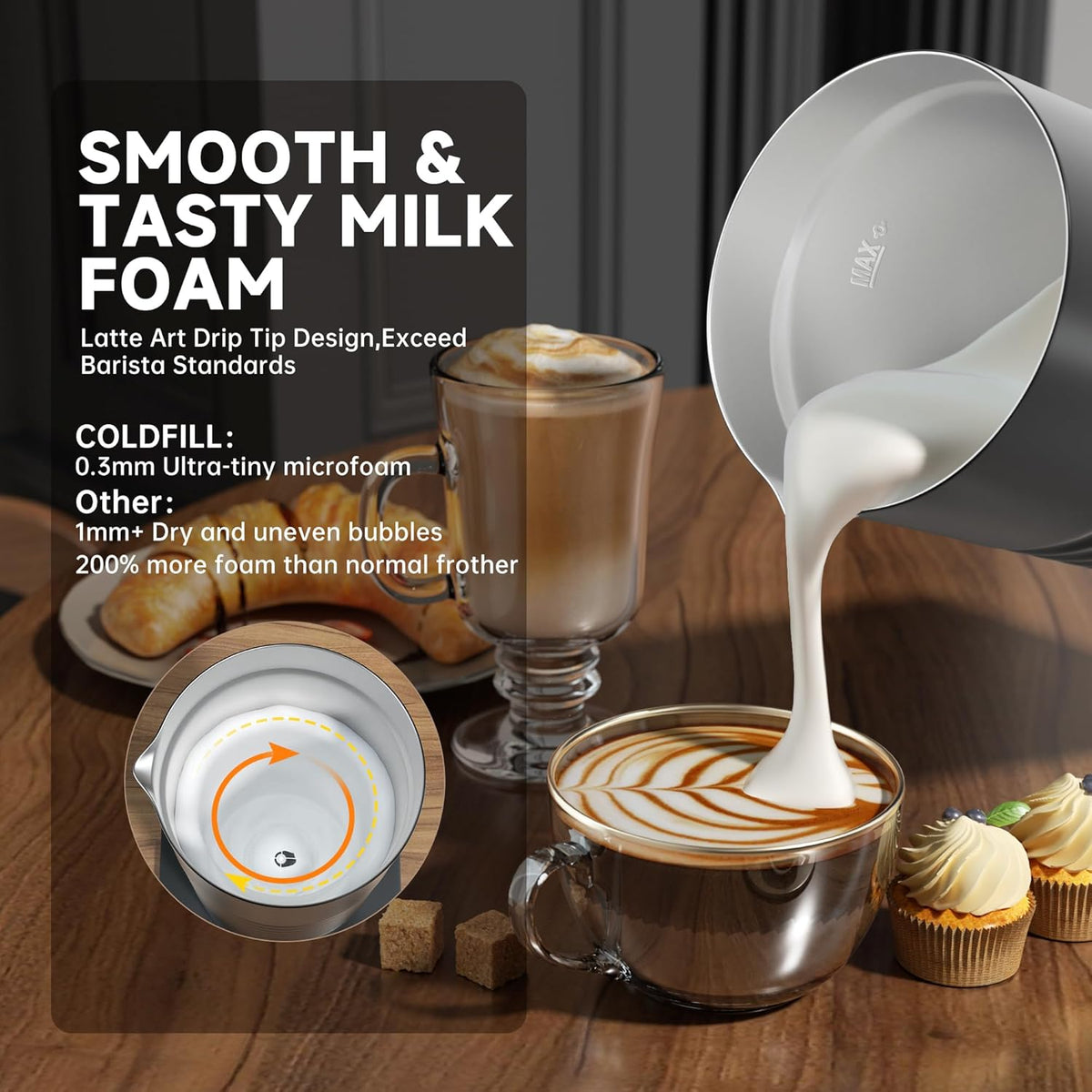 Electric Milk Frother Handheld Set,4 in 1 Automatic Milk Frother and Steamer,Cold Foam Maker Set for Hot Chocolate,Latte,Cappuccino and Macchiato,Electric Mixer Handheld Set for Coffee and Eggs Black - PuriLite