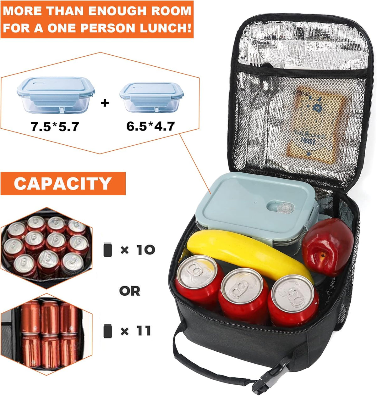 Lunch Box for Men Women Adults Small Lunch Bag for Office Work Picnic - Reusable Portable Lunchbox, Black - PuriLite