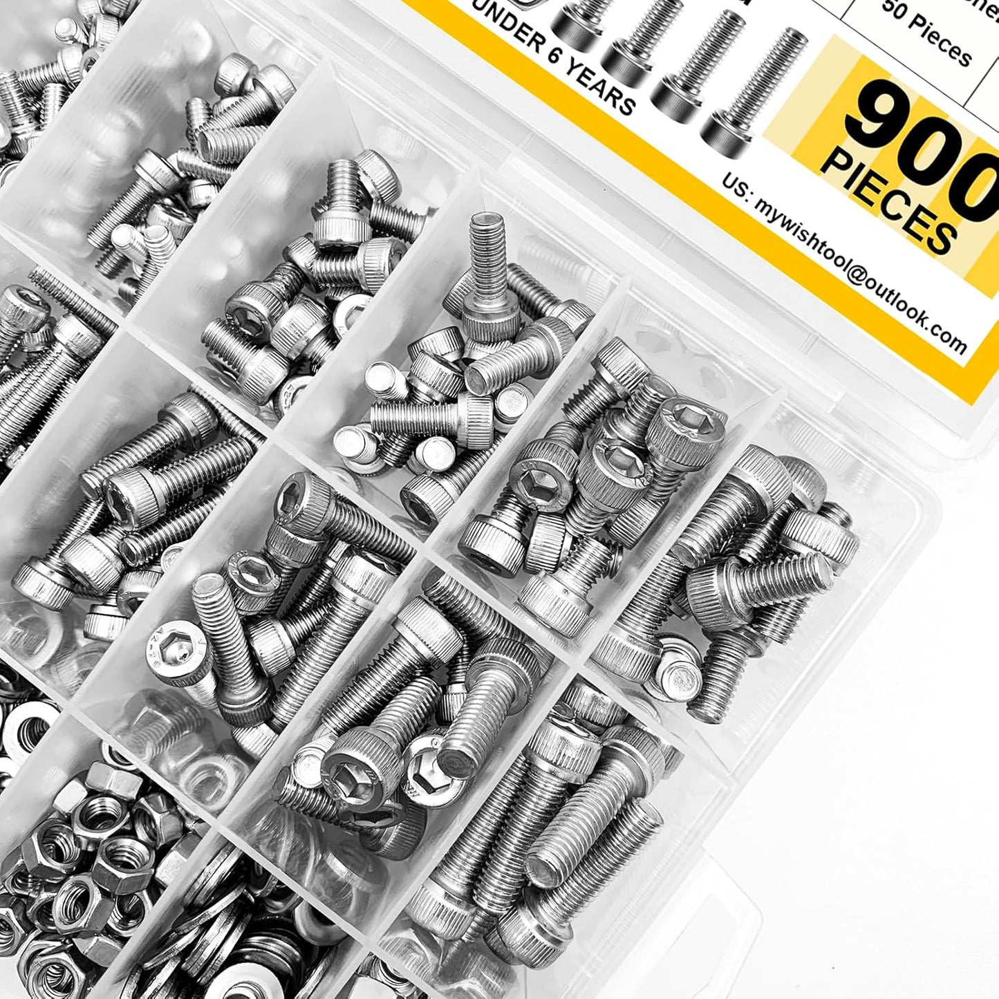 Mywish 900Pcs Metric Screw Assortment, M3 M4 M5 M6 Screw Assortment Kit 304 Stainless Steel Hex Socket Button Head Socket Cap Metric Screws Bolts & Flat Washers/Nuts/Hex Wrenches 16 Sizes 8MM to 20MM - PuriLite
