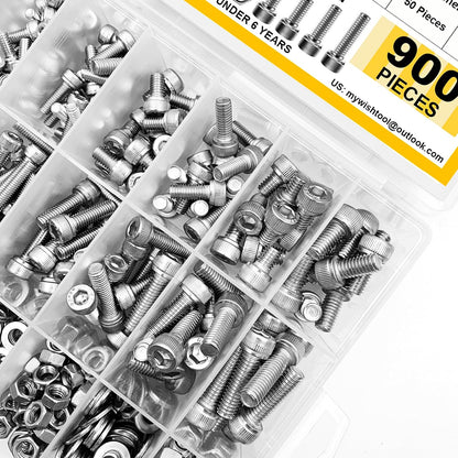Mywish 900Pcs Metric Screw Assortment, M3 M4 M5 M6 Screw Assortment Kit 304 Stainless Steel Hex Socket Button Head Socket Cap Metric Screws Bolts & Flat Washers/Nuts/Hex Wrenches 16 Sizes 8MM to 20MM - PuriLite