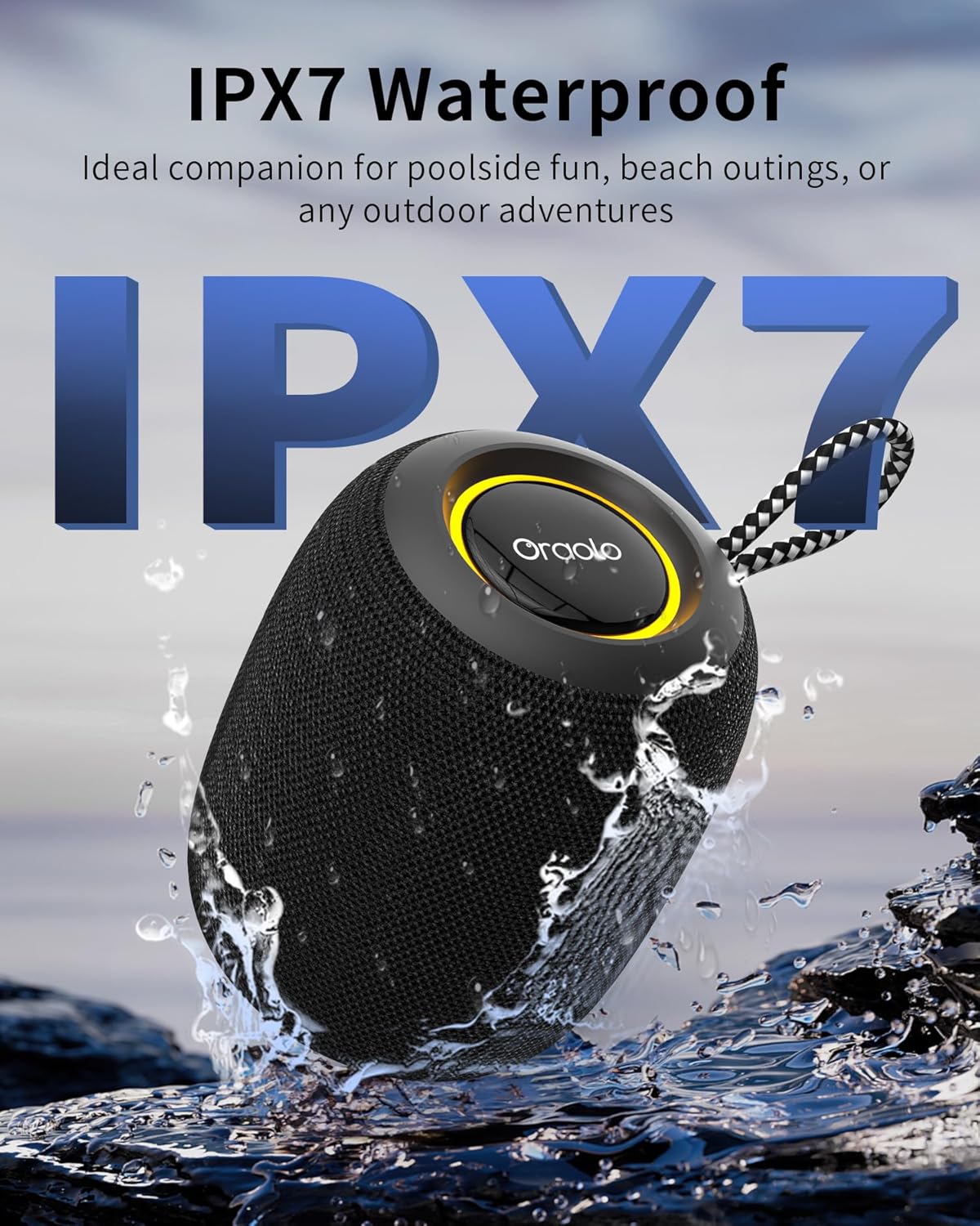 Oraolo Bluetooth Speaker, IPX7 Waterproof Portable Bluetooth Speaker with 16W Immersive Audio, 30H Playtime, LED Light, Bluetooth 5.3, Support TWS, Wireless Speakers for Outdoor Camping Home - PuriLite
