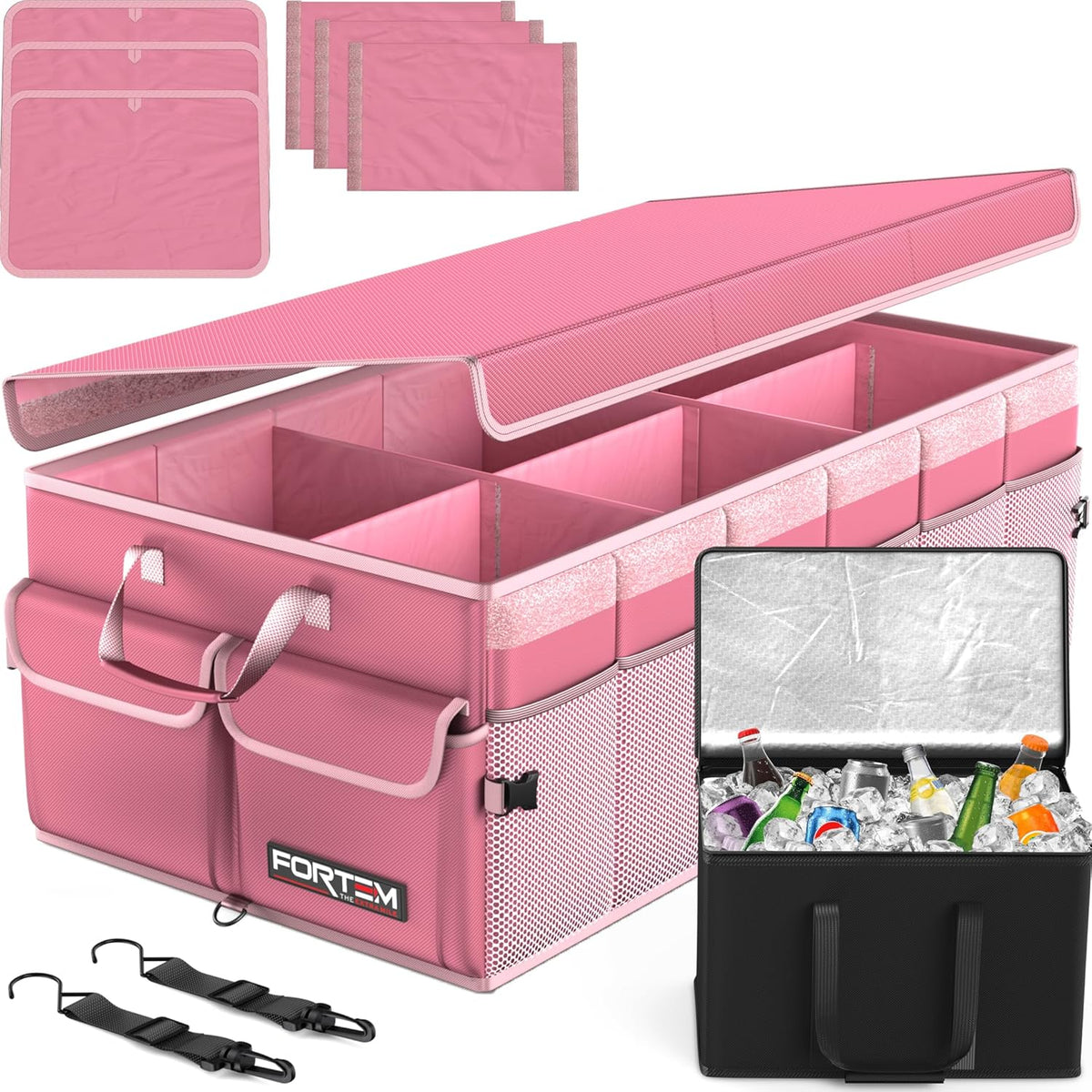 FORTEM Car Trunk Organizer, Collapsible Multi Compartment Car Organizer, Foldable SUV Storage for Car Accessories for Women Men, Non Slip Bottom, Securing Straps, Soft Cover 50L (Black, Standard) - PuriLite