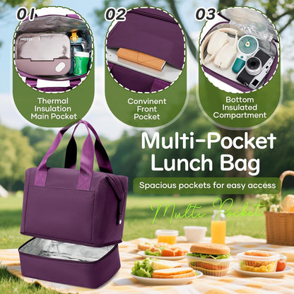 Lunch Bag Insulated Lunch Box Leakproof Lunch Tote Bags for Women Men,Portable Thermal Cooler Bag Lunch Containers with Shoulder Strap for Work, Family, Picnic, School, Outdoor,BBQ C2-Pinkpurple - PuriLite