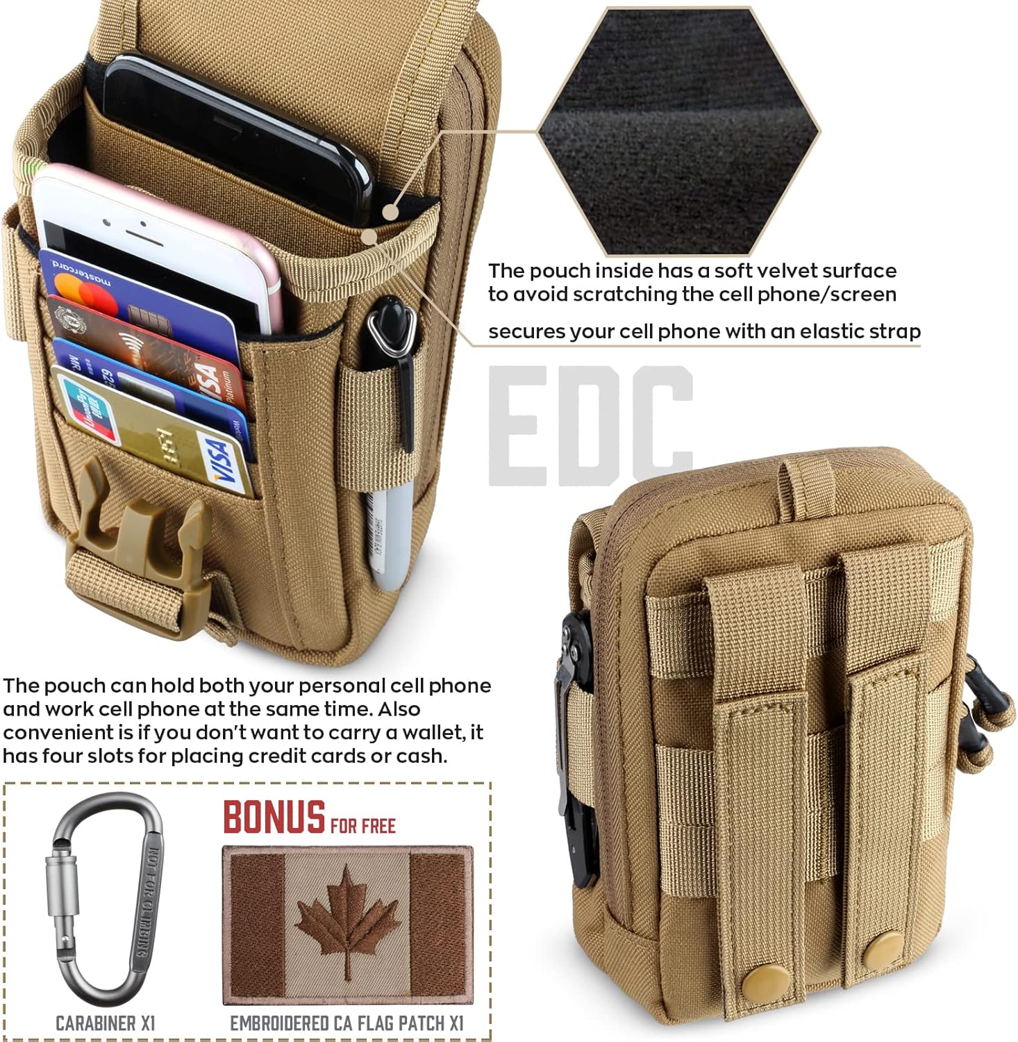 WYNEX Tactical Compass Phone Pouch, Large Molle Smartphone Holster Case Double Capacity Small Utility EDC Pouch with Compass Buckle and Carabiner - PuriLite