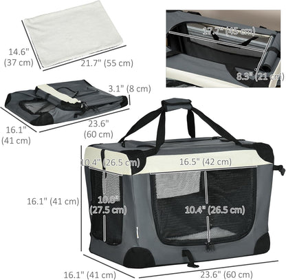 PawHut 60cm Foldable Pet Carrier Bag Soft Travel Dog Crate, Portable Cat Carrier w/Cushion, for Cats and Miniature Dogs - Grey - PuriLite