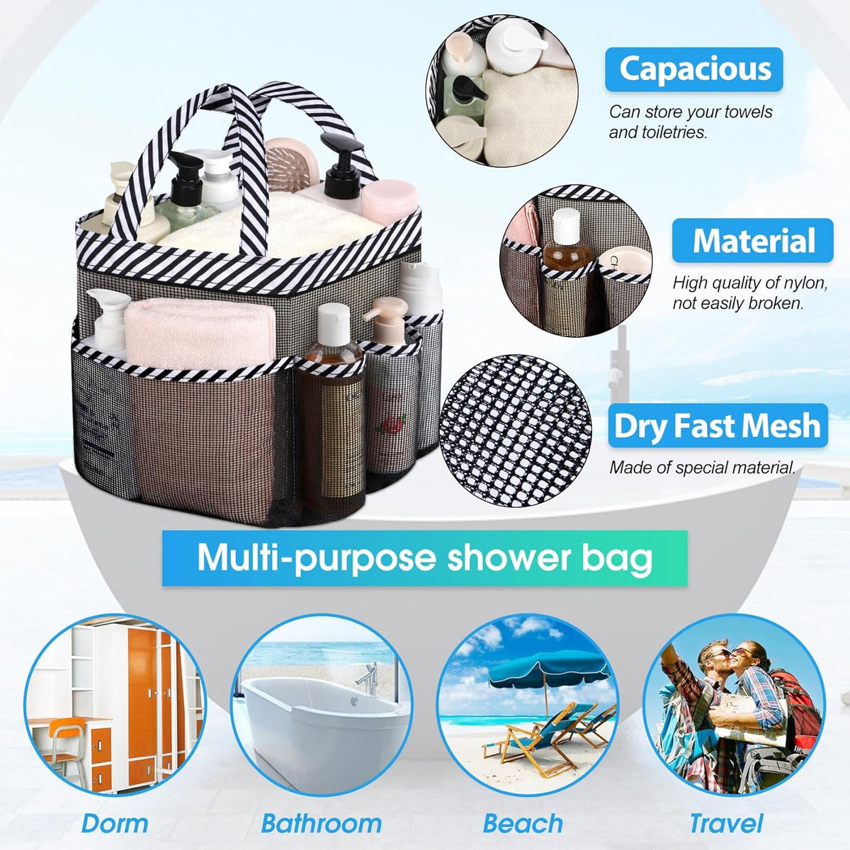 Attmu Mesh Shower Caddy Portable for College Dorm Room Essentials with 8 Pockets, Hanging Shower Caddy Basket Tote Bag Toiletry Accessories for Bathroom - PuriLite