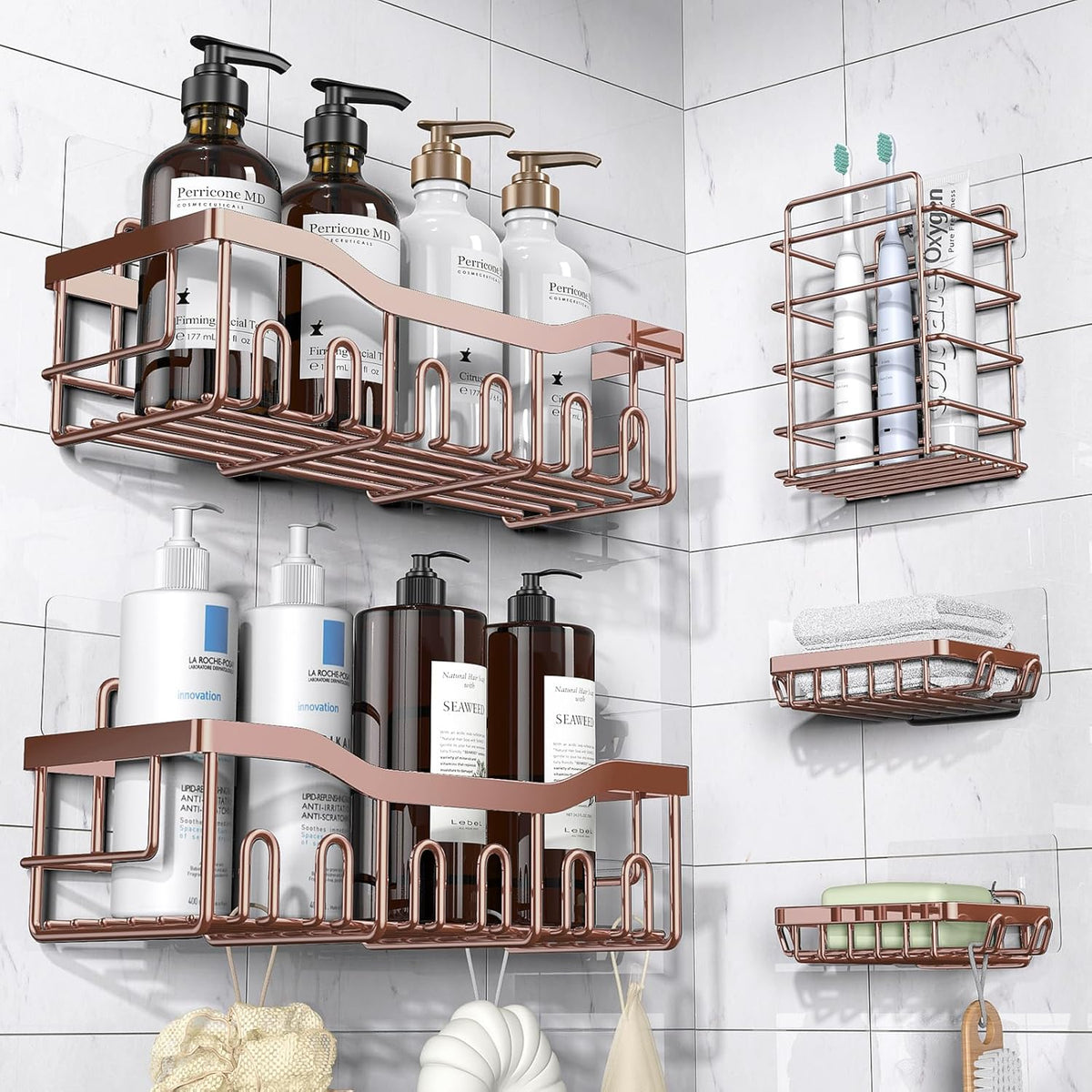EUDELE 5-Pack Rustproof Stainless Steel Shower Caddy – No Drill Adhesive Bathroom Organizer with Large Capacity, Spacious Shower Shelves for Inside Shower, Kitchen & Home Decor Storage - PuriLite