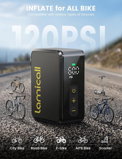 Ultra Mini Bike Pump Tire Inflator - Lamicall [5oz Ultra-Light][ 120 PSI] Portable Pump, 24 L/Min Inflation Speed, Auto Stop Tire Inflator with Guage for All Road Bike, Mountain Bike, E-Bike, Scooter