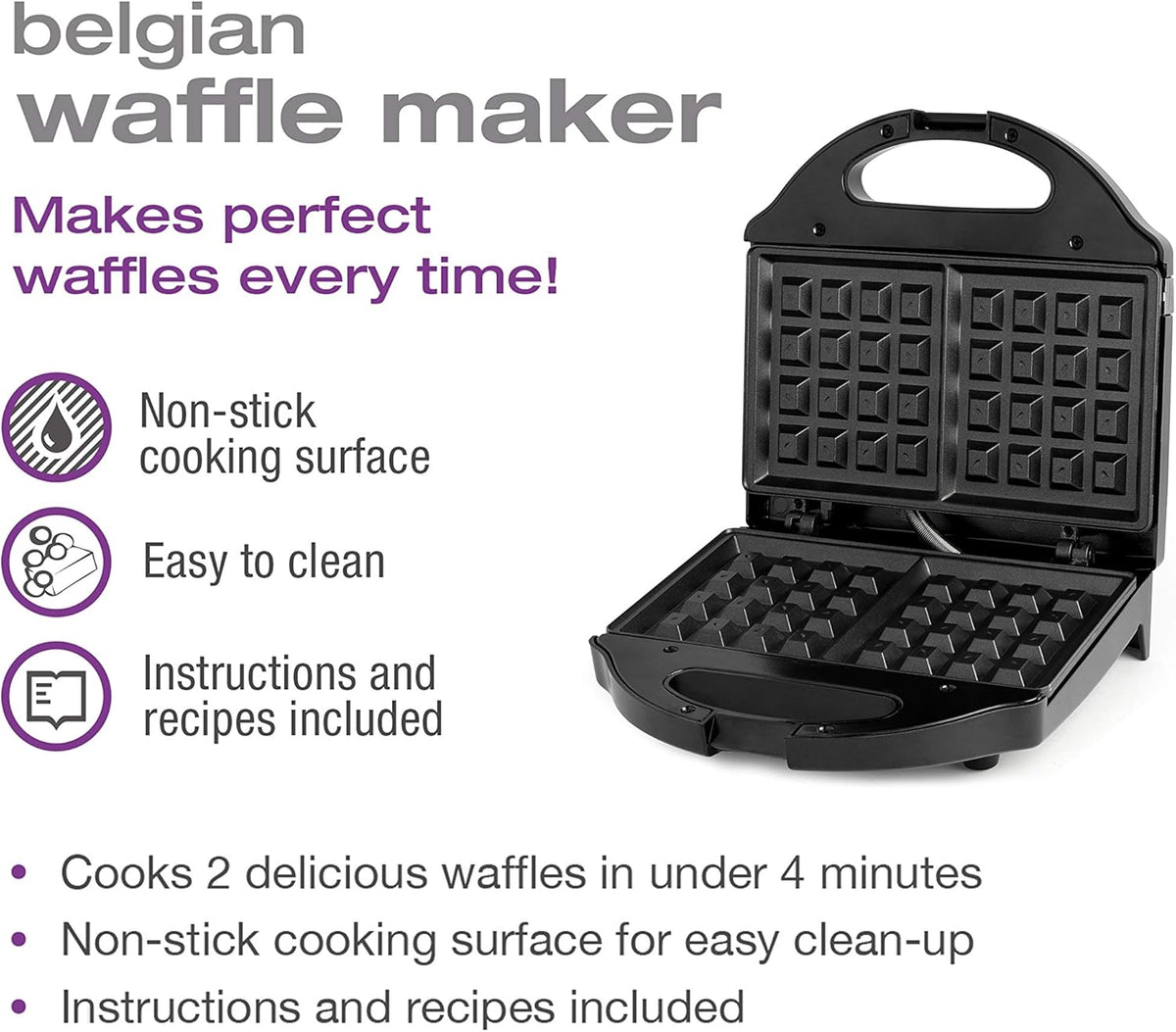 Salton Belgian Waffle Maker | Non-Stick Surface | 2 Waffles in Under 3 Minutes | Compact Upright Storage | Cool-Touch Handles | Recipe Book Included | Perfect for Breakfast & More | Black | WM1075BK - PuriLite