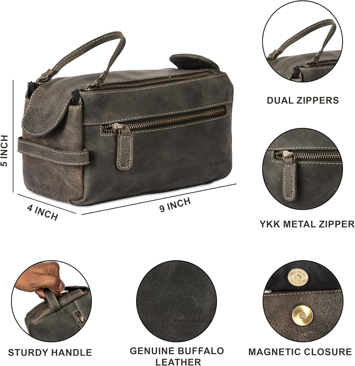 Premium Buffalo Leather Unisex Toiletry Bag Travel Dopp Kit Shaving kit (Distressed Tan) - PuriLite
