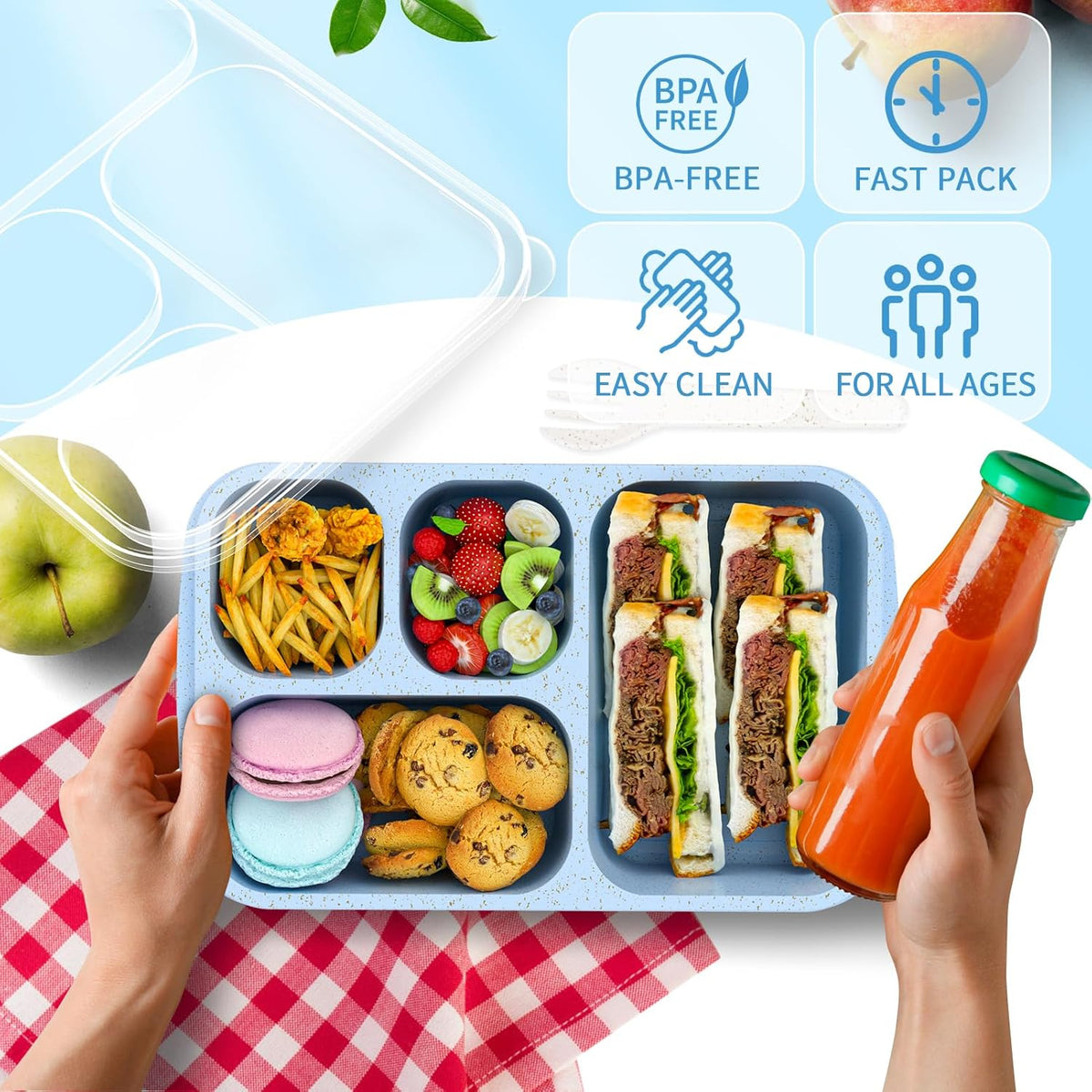Large Capacity Bento Box for Adults, 4-Piece Set – Stackable Lunch Box with 4 Compartments, Microwave & Dishwasher Safe, Reusable Meal Prep Containers, Snack Containers for Kids & Adults (4 Colors) - PuriLite